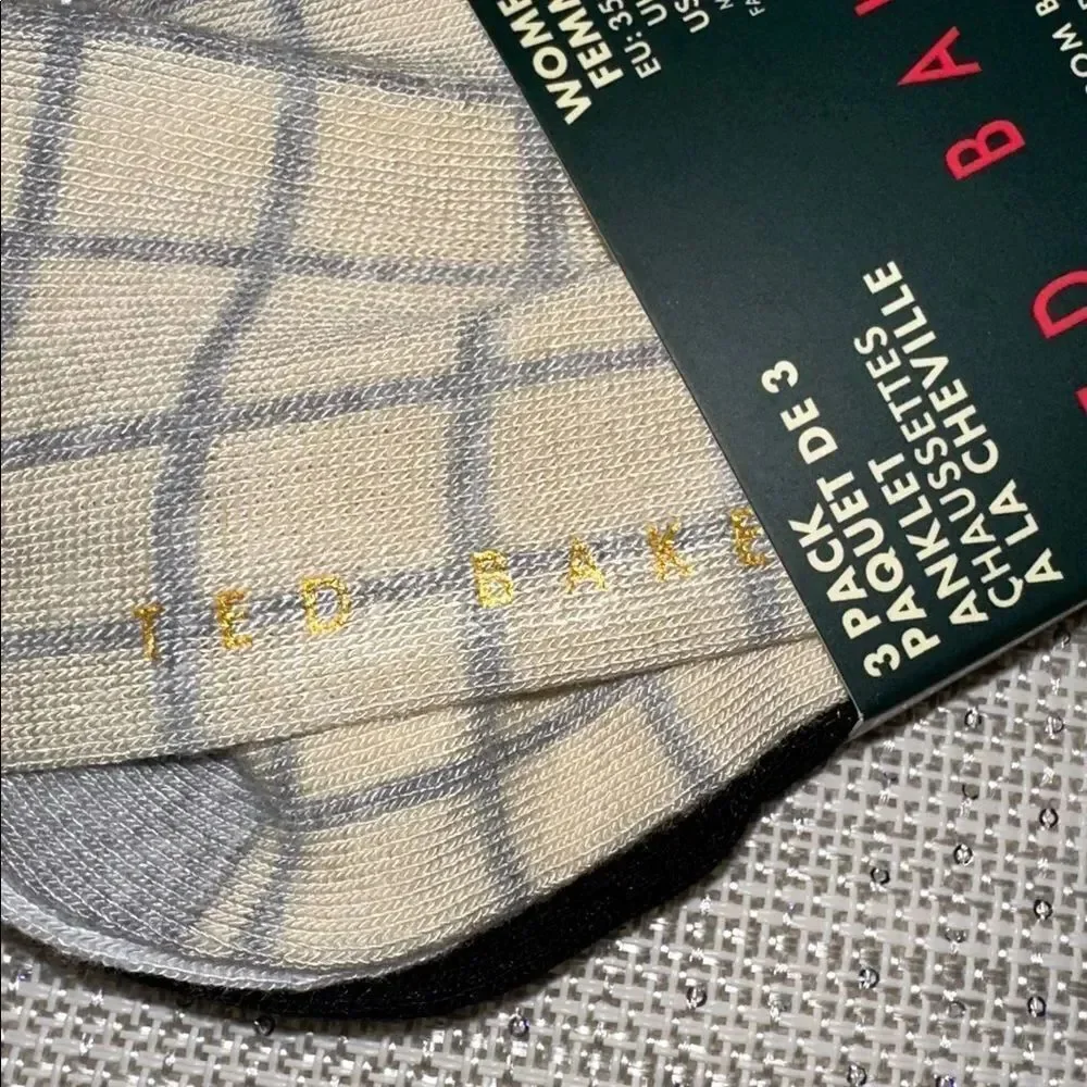 Ted Baker Gray Beige Plaid Black White Dress Crew Cut Bamboo Blend Socks 3 pack
